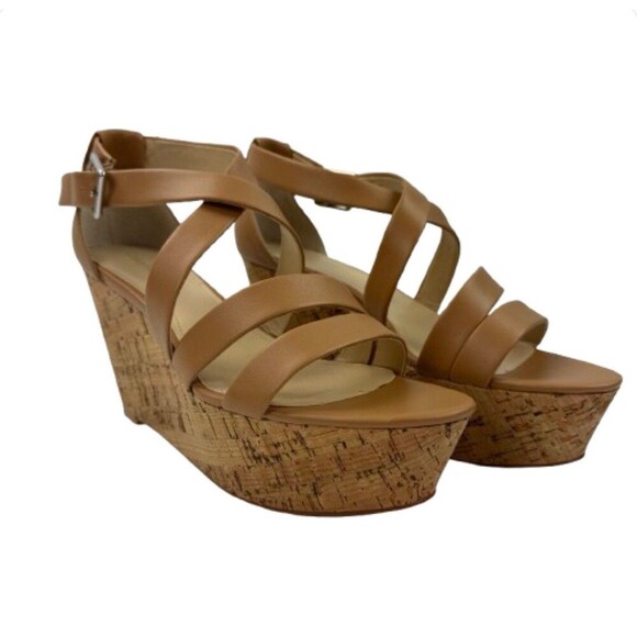 Calvin Klein Vonnie Cork Wedge Sandals 10M Tan Strappy Platform Heels - Picture 1 of 13